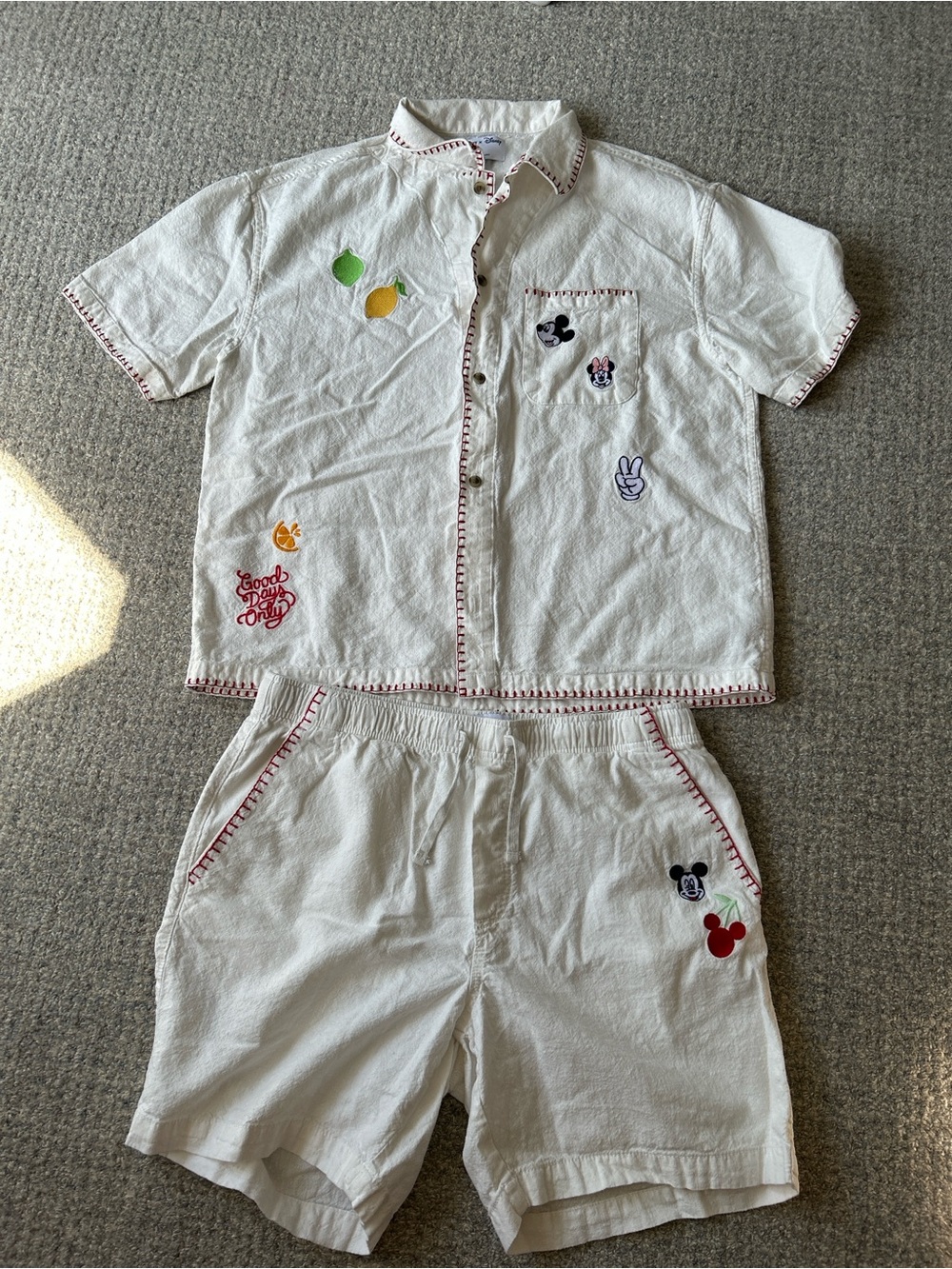 Old Navy x Disney White Embroidered Short Sleeve Shirt and Shorts - linen/cotton